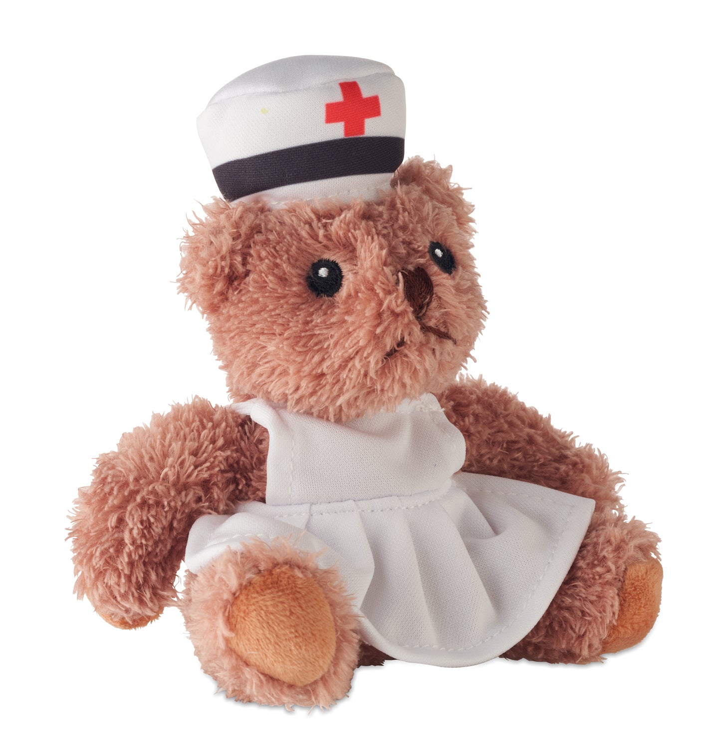 Teddybär aus Polyester gekleidet als Krankenschwester mit Kleid und Haube. Augen Nase