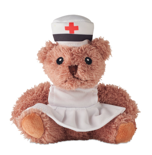 Teddybär aus Polyester gekleidet als Krankenschwester mit Kleid und Haube. Augen Nase