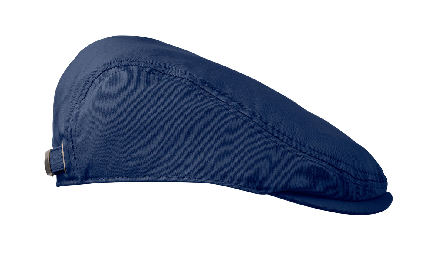 Flache Newsboy-Kappe aus 235 g/m² Baumwolle mit Metallverschluss.