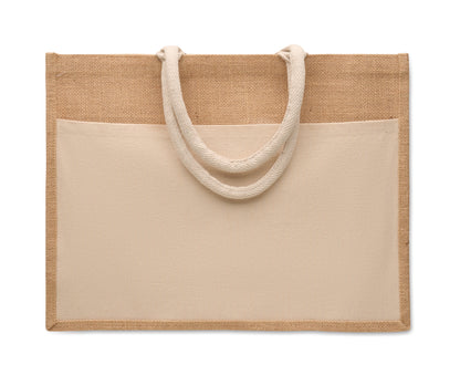 Einkaufstasche aus laminierter Jute und 280 g/m² Baumwoll-Canvas mit Kordelgriffen. Große Fronttasche.