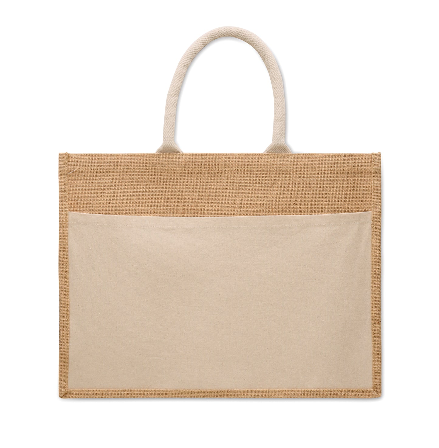 Einkaufstasche aus laminierter Jute und 280 g/m² Baumwoll-Canvas mit Kordelgriffen. Große Fronttasche.