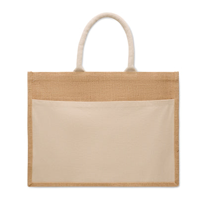 Einkaufstasche aus laminierter Jute und 280 g/m² Baumwoll-Canvas mit Kordelgriffen. Große Fronttasche.