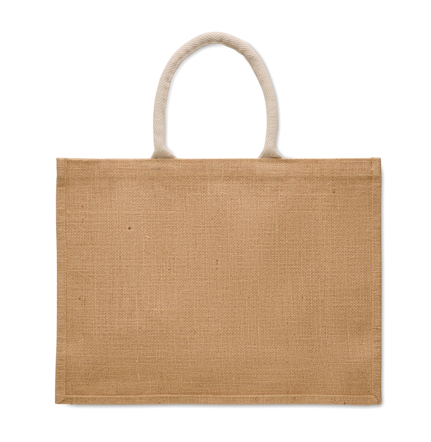 Einkaufstasche aus laminierter Jute und 280 g/m² Baumwoll-Canvas mit Kordelgriffen. Große Fronttasche.
