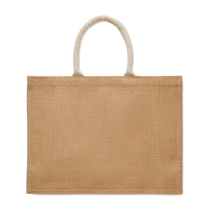 Einkaufstasche aus laminierter Jute und 280 g/m² Baumwoll-Canvas mit Kordelgriffen. Große Fronttasche.