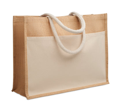 Einkaufstasche aus laminierter Jute und 280 g/m² Baumwoll-Canvas mit Kordelgriffen. Große Fronttasche.