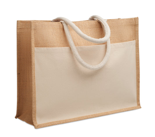 Einkaufstasche aus laminierter Jute und 280 g/m² Baumwoll-Canvas mit Kordelgriffen. Große Fronttasche.