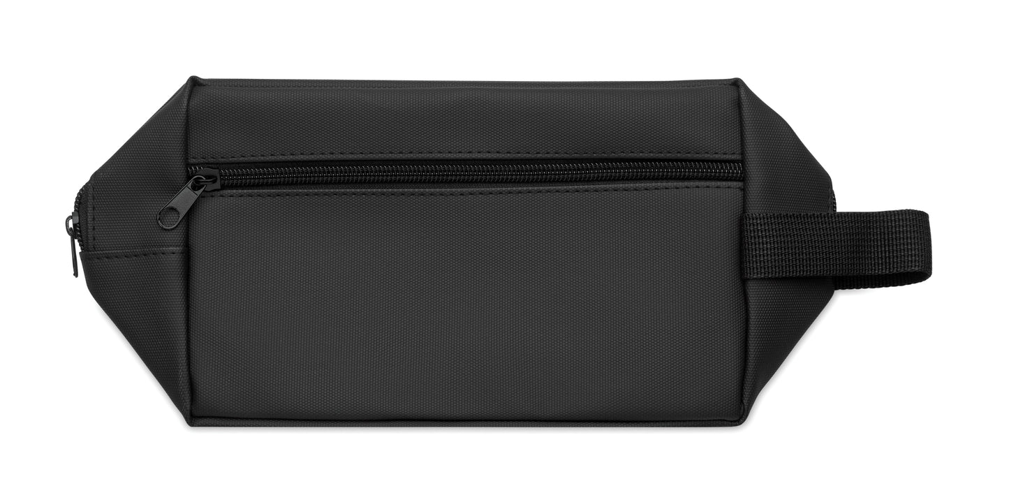 Kulturbeutel aus 600D RPET-Polyester mit Beschichtung aus PU und 210D RPET-Futter. Fronttasche