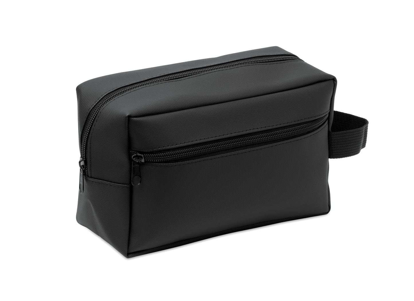 Kulturbeutel aus 600D RPET-Polyester mit Beschichtung aus PU und 210D RPET-Futter. Fronttasche