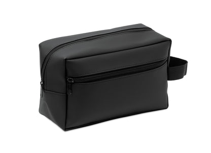 Kulturbeutel aus 600D RPET-Polyester mit Beschichtung aus PU und 210D RPET-Futter. Fronttasche