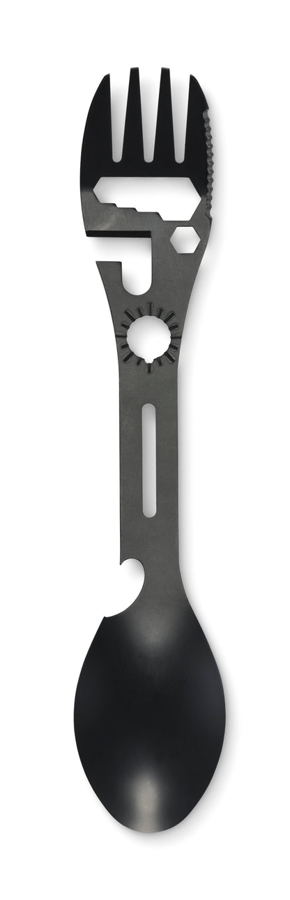 Multitool-Besteck aus Edelstahl. Inkl. Messer Gabel Löffel Kapselheber verstellbarem Schraubenschlüssel Inbusschlüssel Öffner