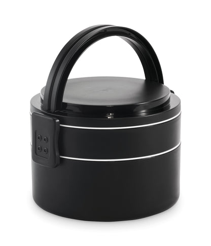 Runde Lunchbox mit 2 Ebenen aus PP. Mit seitlichen Halteklammern und Griffen.
