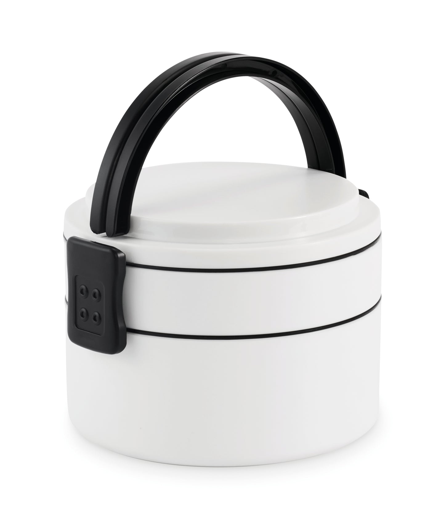 Runde Lunchbox mit 2 Ebenen aus PP. Mit seitlichen Halteklammern und Griffen.