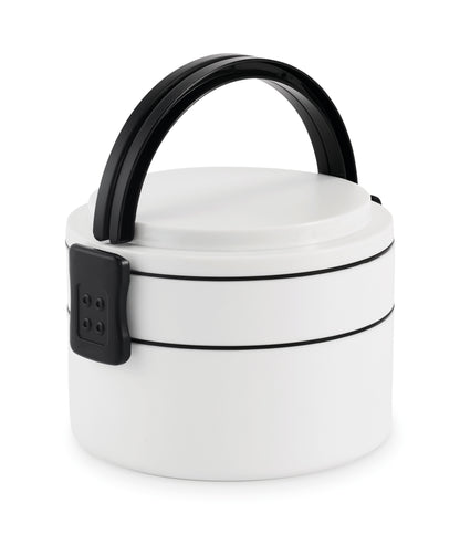 Runde Lunchbox mit 2 Ebenen aus PP. Mit seitlichen Halteklammern und Griffen.