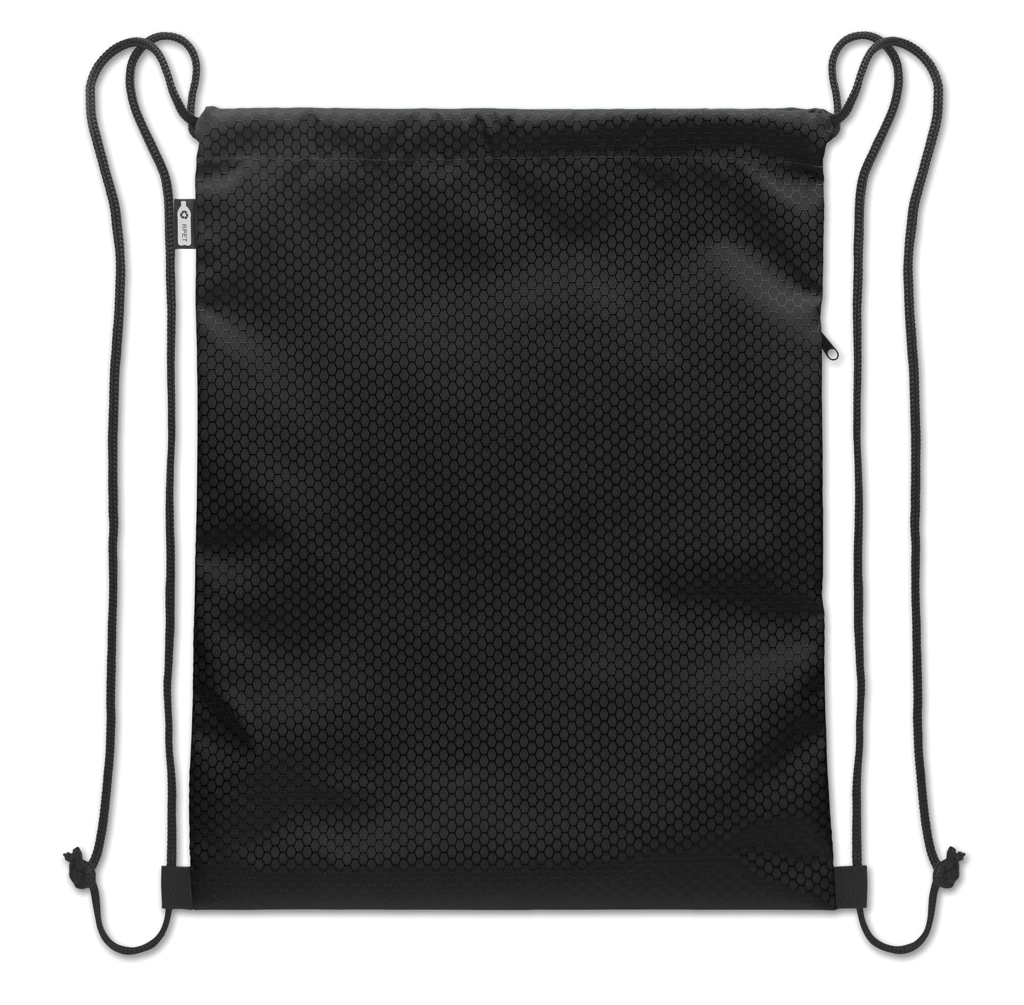 Beutel mit Kordelzug. Seitentasche mit Reißverschluss. Strapazierfähige Kordeln. 420D RPET Polyester und