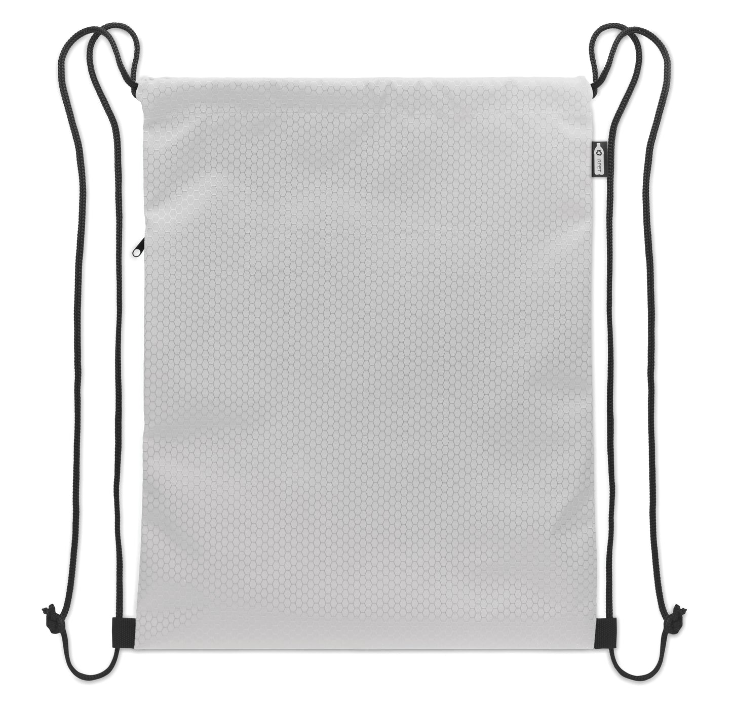 Beutel mit Kordelzug. Seitentasche mit Reißverschluss. Strapazierfähige Kordeln. 420D RPET Polyester und
