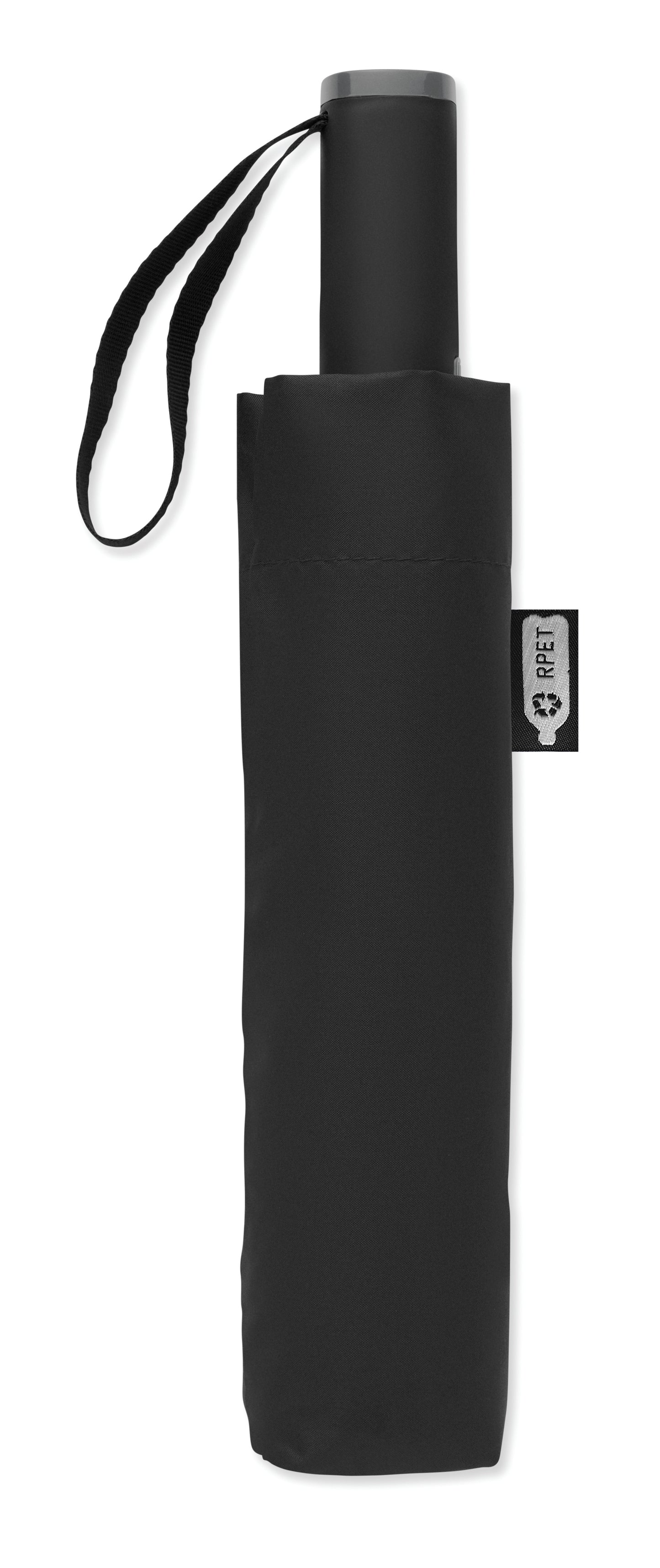 23'' Windproof Regenschirm aus 190T RPET Pongee. 3-fach faltbar. Schwarz beschichtetes Gestell