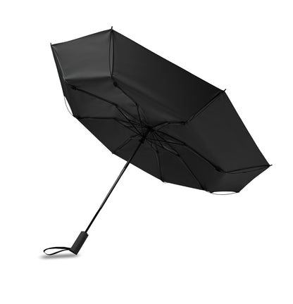 23'' Windproof Regenschirm aus 190T RPET Pongee. 3-fach faltbar. Schwarz beschichtetes Gestell