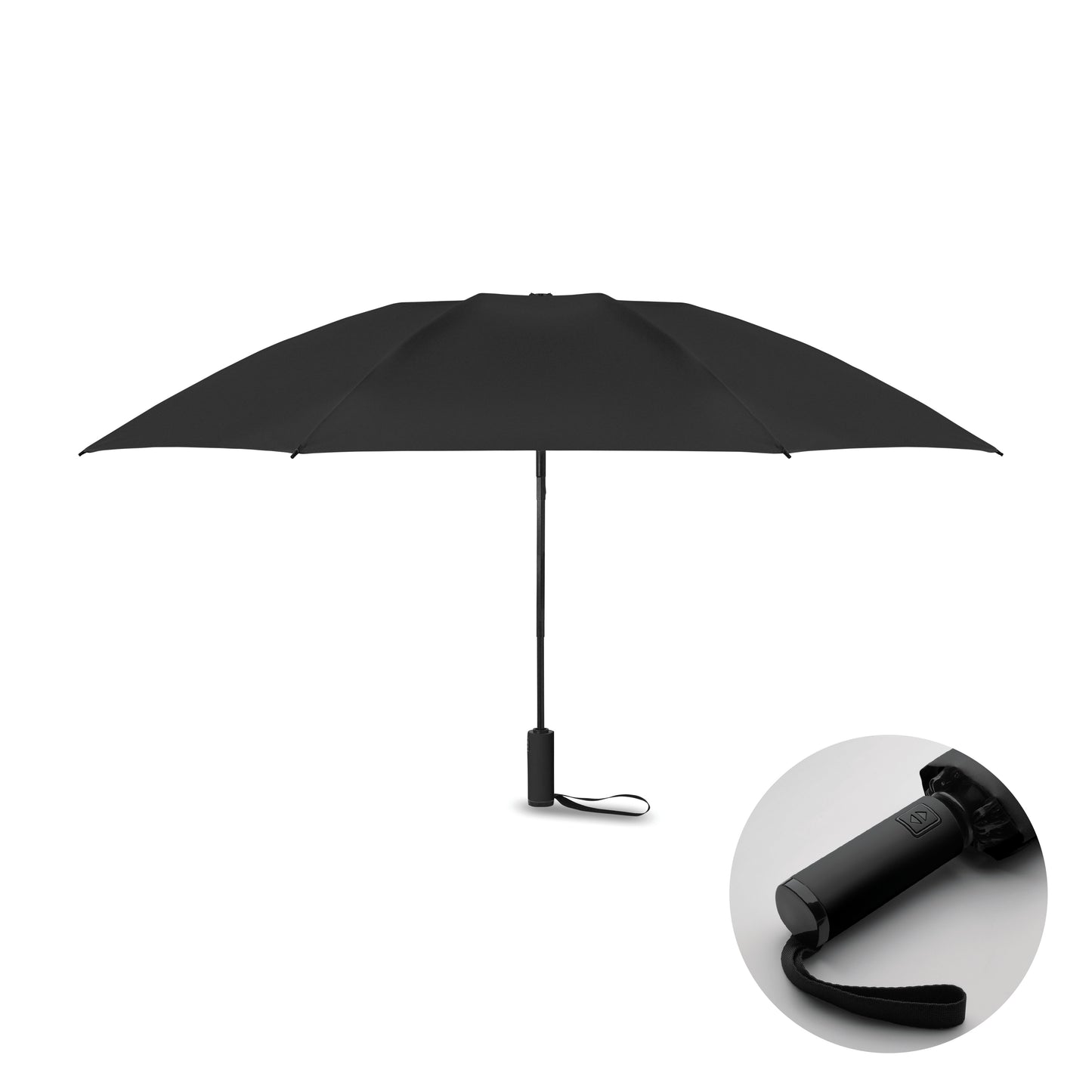 23'' Windproof Regenschirm aus 190T RPET Pongee. 3-fach faltbar. Schwarz beschichtetes Gestell