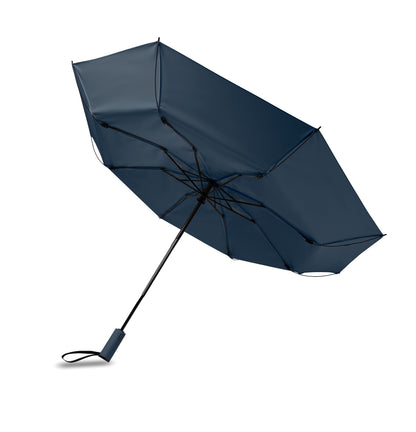 23'' Windproof Regenschirm aus 190T RPET Pongee. 3-fach faltbar. Schwarz beschichtetes Gestell
