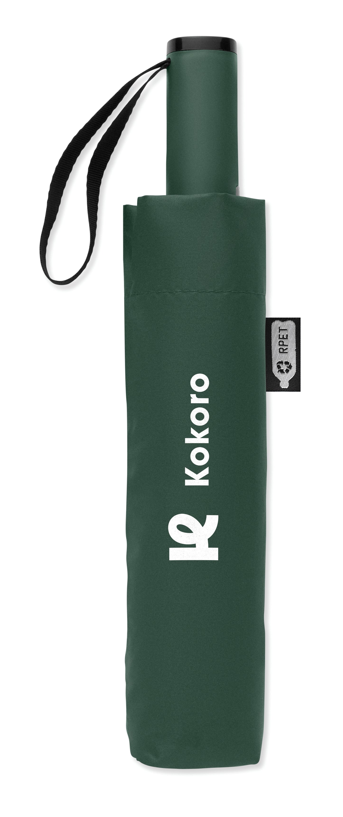 23'' Windproof Regenschirm aus 190T RPET Pongee. 3-fach faltbar. Schwarz beschichtetes Gestell