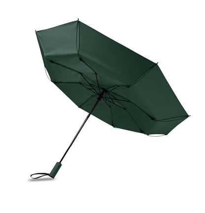 23'' Windproof Regenschirm aus 190T RPET Pongee. 3-fach faltbar. Schwarz beschichtetes Gestell
