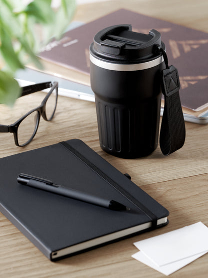 3-teiliges Geschenkset: DIN A5 Notizbuch Kugelschreiber aus recyceltem Aluminium doppelwandiger Becher aus