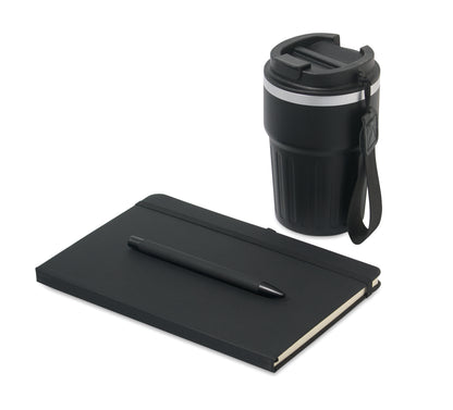 3-teiliges Geschenkset: DIN A5 Notizbuch Kugelschreiber aus recyceltem Aluminium doppelwandiger Becher aus