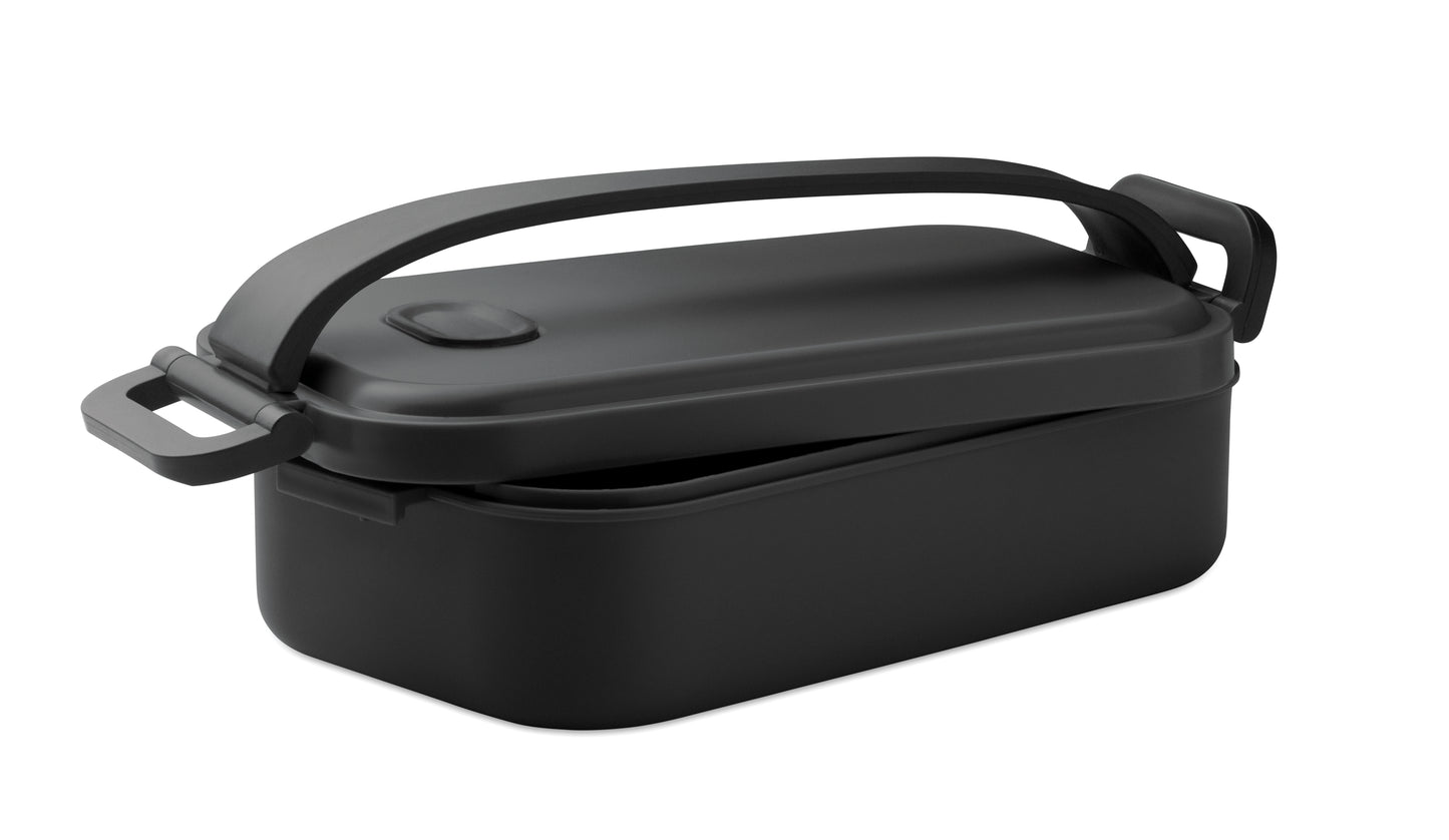 Lunchbox aus PP mit luftdichtem Deckel. 2 seitliche Halteklammern und Griff. Füllmenge: