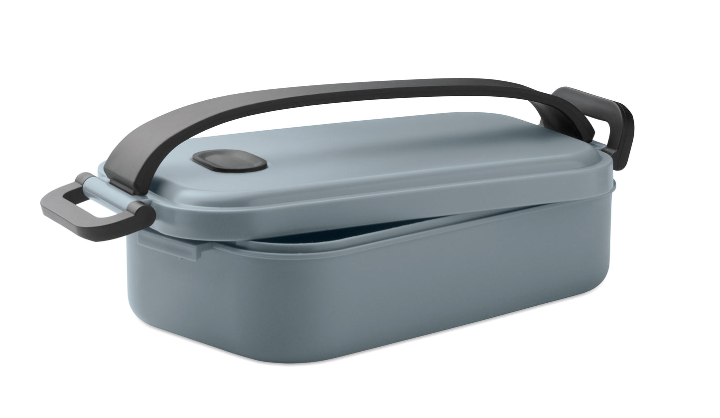 Lunchbox aus PP mit luftdichtem Deckel. 2 seitliche Halteklammern und Griff. Füllmenge: