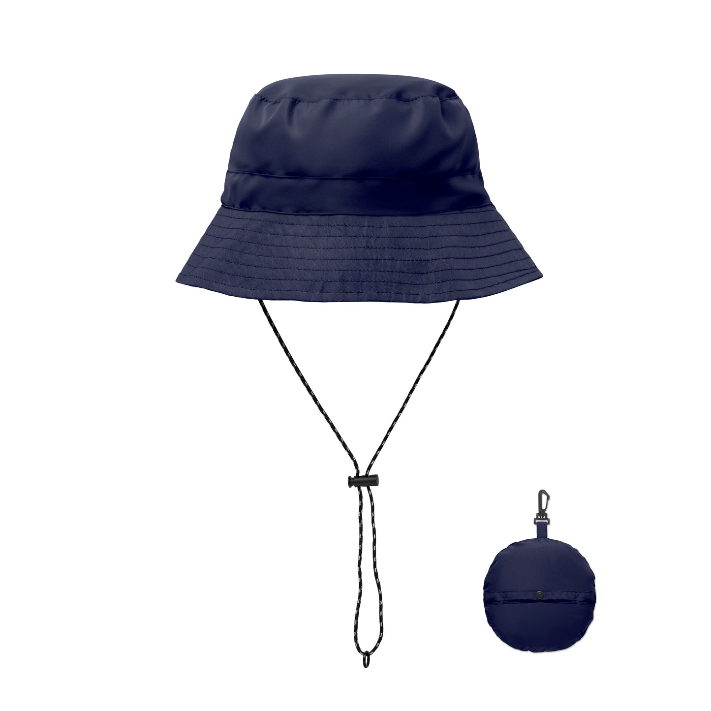 Wasserabweisender Fisherman-Hat inkl. Beutel aus gleichem Material und ABS-Karabiner. Polyester 64 g/m².