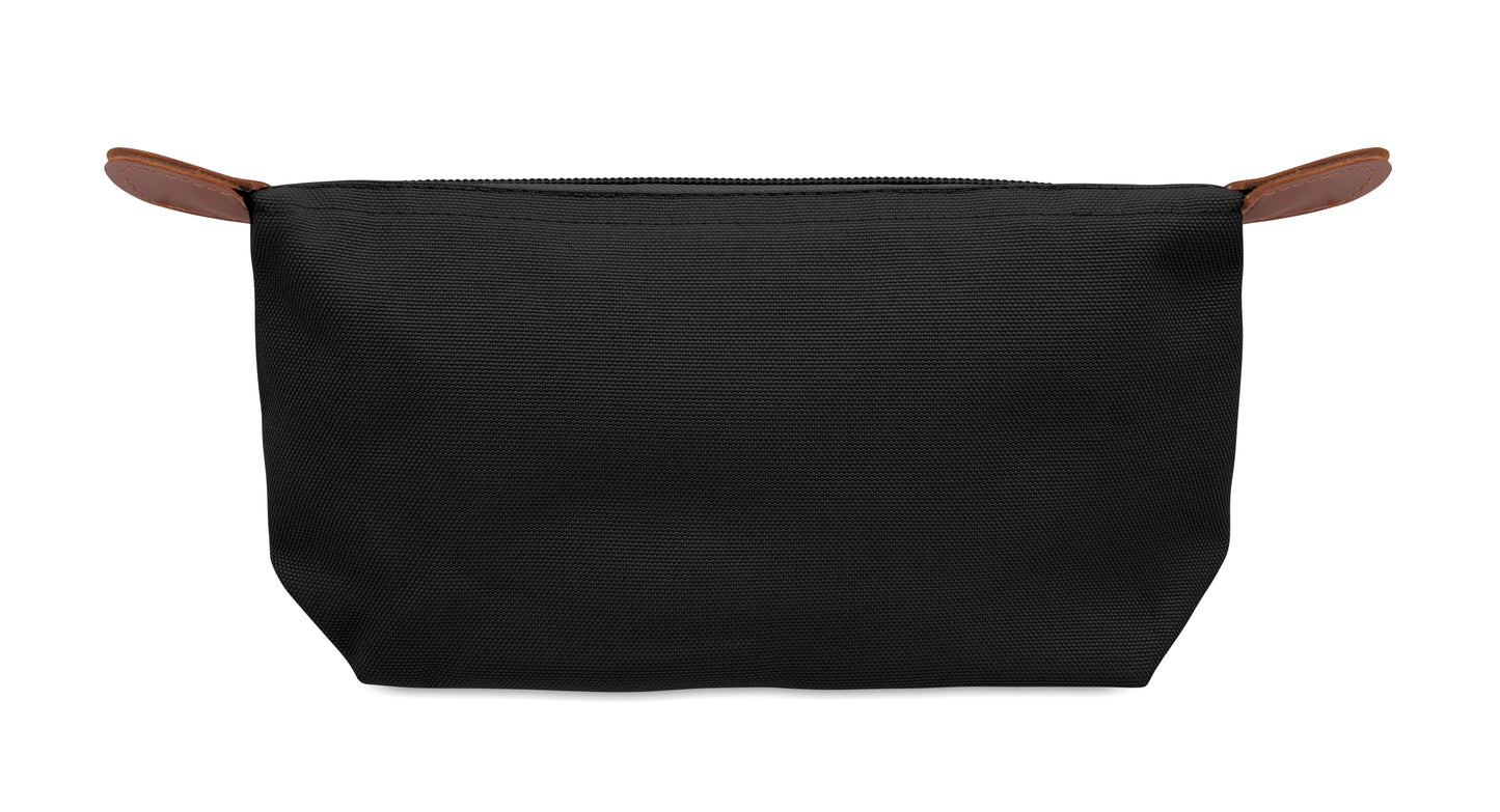 Kosmetiktasche aus 600D RPET-Polyester mit Reißverschluss. Details aus PU.