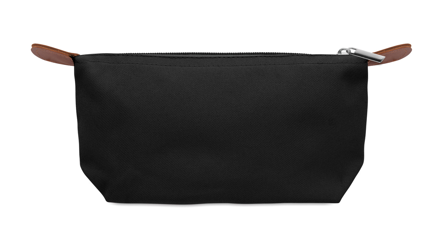 Kosmetiktasche aus 600D RPET-Polyester mit Reißverschluss. Details aus PU.