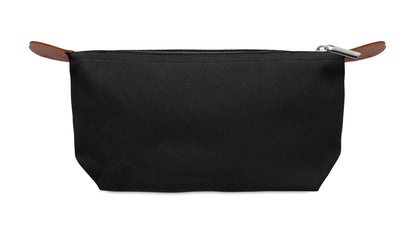 Kosmetiktasche aus 600D RPET-Polyester mit Reißverschluss. Details aus PU.