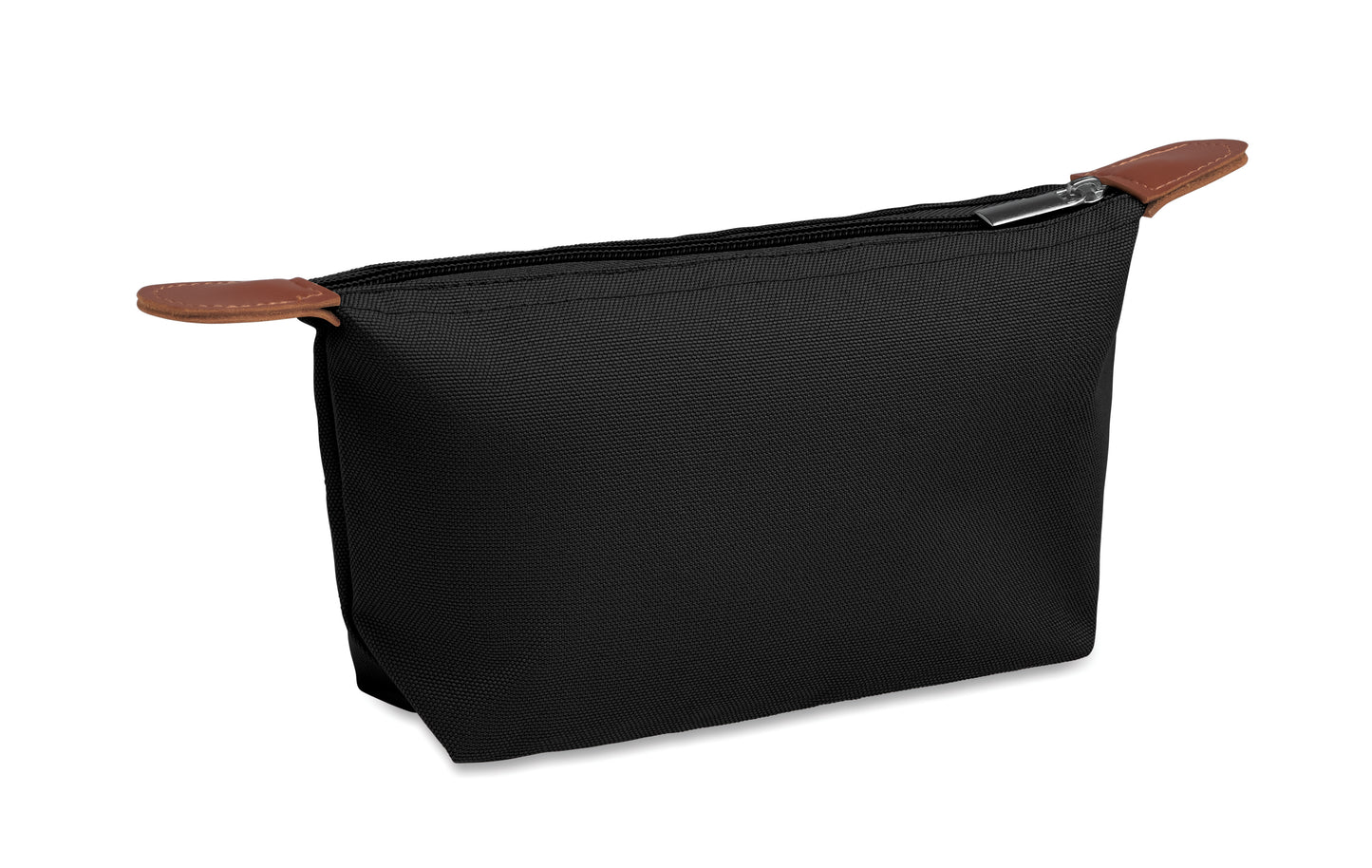 Kosmetiktasche aus 600D RPET-Polyester mit Reißverschluss. Details aus PU.