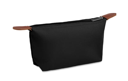 Kosmetiktasche aus 600D RPET-Polyester mit Reißverschluss. Details aus PU.