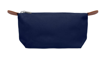 Kosmetiktasche aus 600D RPET-Polyester mit Reißverschluss. Details aus PU.