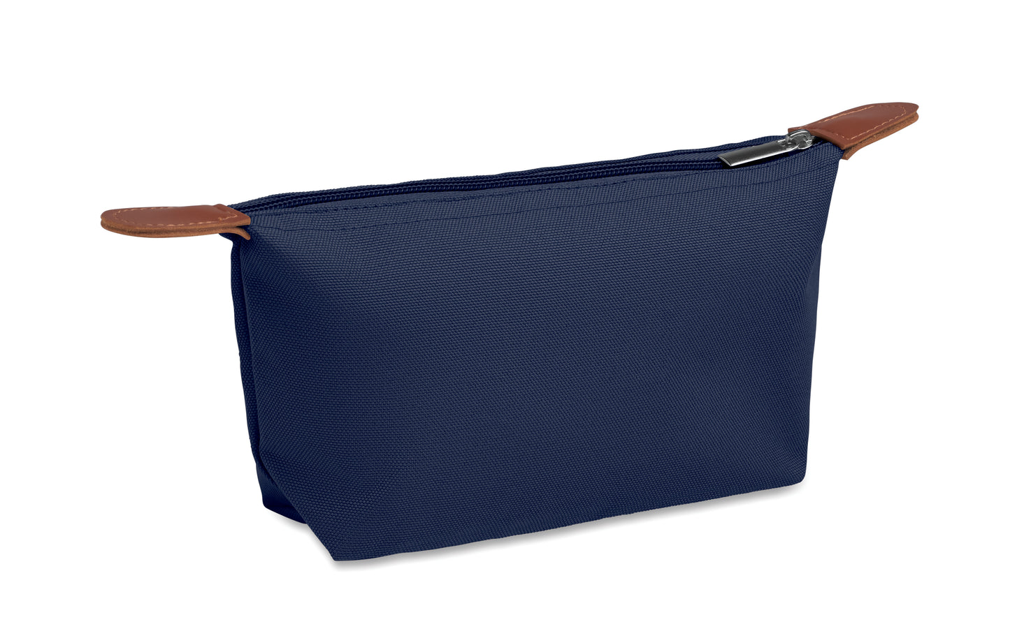 Kosmetiktasche aus 600D RPET-Polyester mit Reißverschluss. Details aus PU.