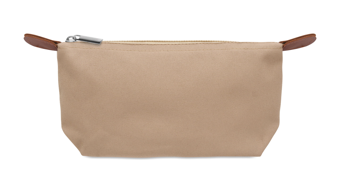 Kosmetiktasche aus 600D RPET-Polyester mit Reißverschluss. Details aus PU.