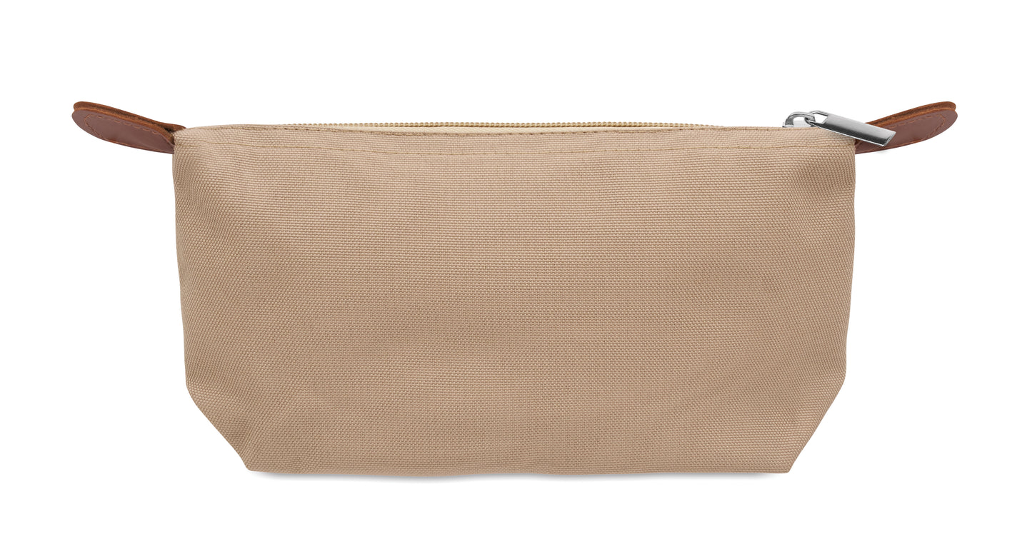 Kosmetiktasche aus 600D RPET-Polyester mit Reißverschluss. Details aus PU.