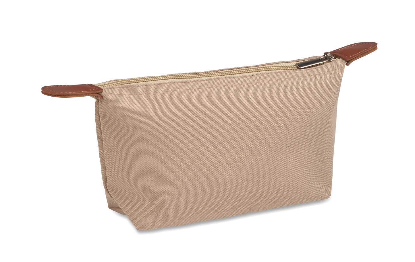 Kosmetiktasche aus 600D RPET-Polyester mit Reißverschluss. Details aus PU.