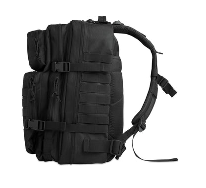 Outdoor-Rucksack aus 600D RPET. Gepolstertes Laptopfach Innenfächer Front-Reißverschlusstaschen gepolsterte Mesh-Schultergurte und Rückenpartie