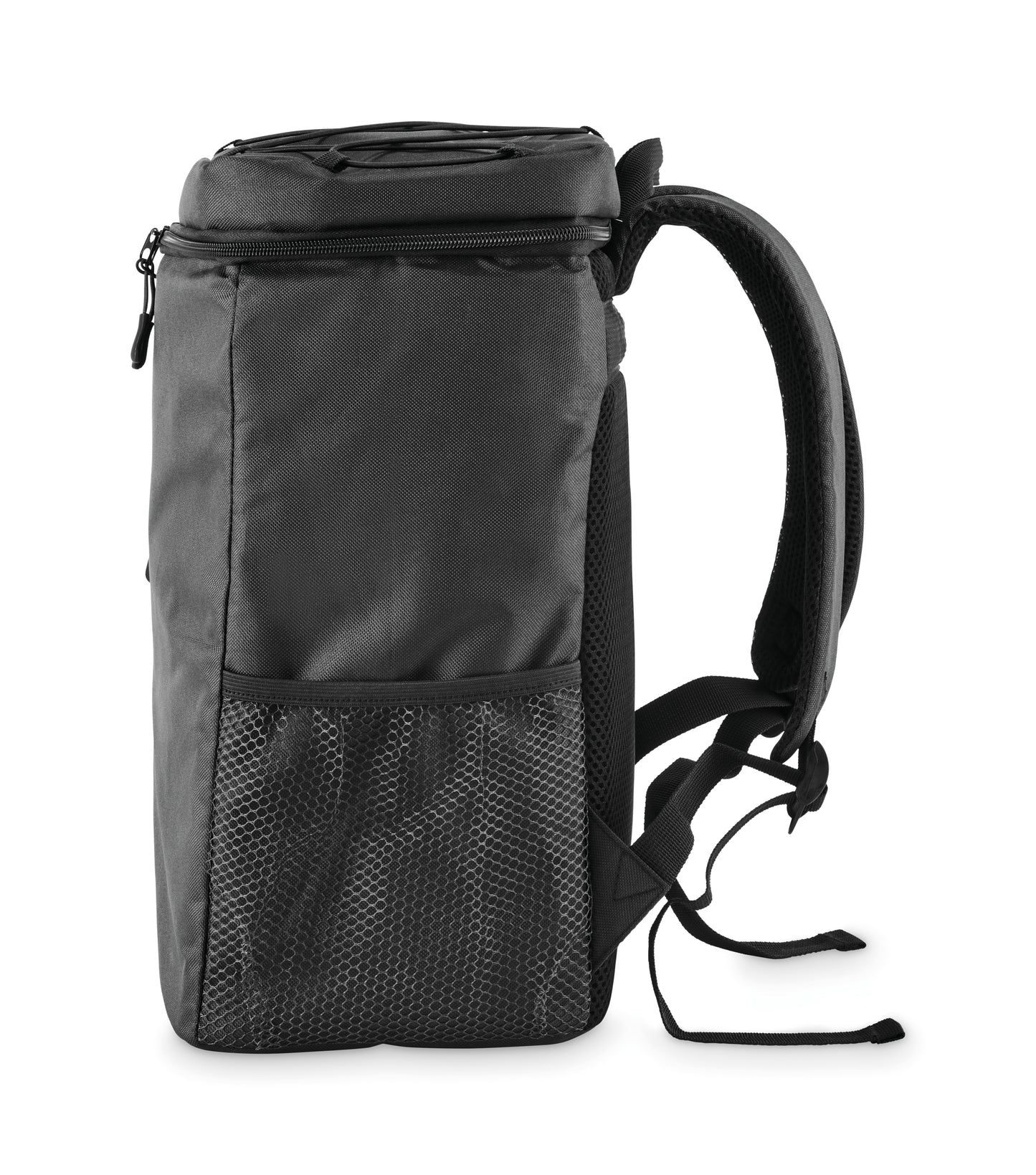 Kühlrucksack aus 600D RPET Polyester mit PEVA-Futter und 5 mm PE-Schaum. Fronttasche