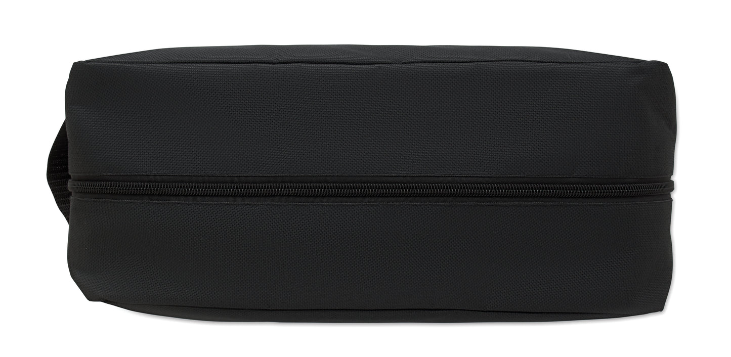 Schuhtasche aus 600D RPET Polyester mit seitlichem Tragegriff und Reißverschluss.