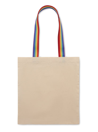 Einkaufstasche aus Baumwolle 180 g/m². Tragegriffe in Regenbogenfarben. Max. Traglast: 2 5