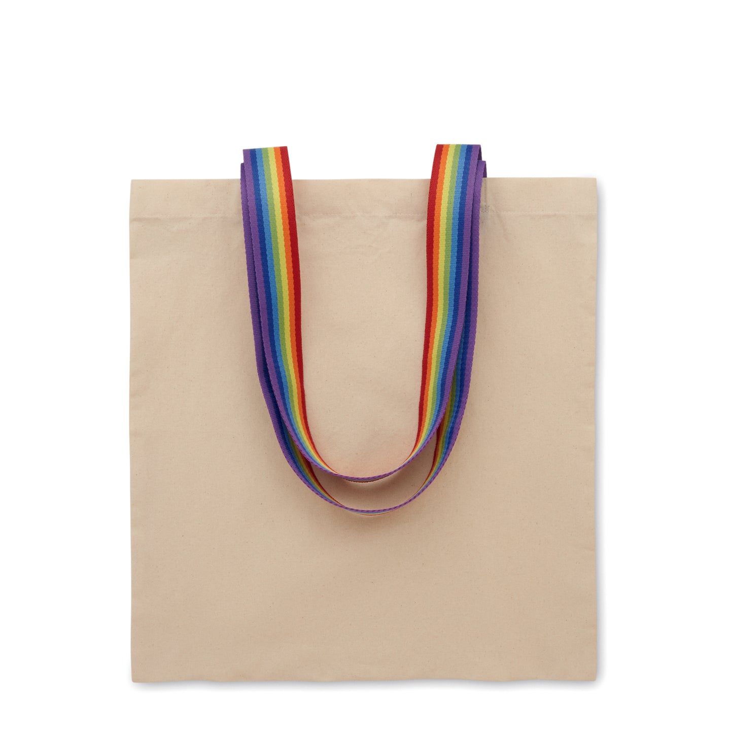 Einkaufstasche aus Baumwolle 180 g/m². Tragegriffe in Regenbogenfarben. Max. Traglast: 2 5