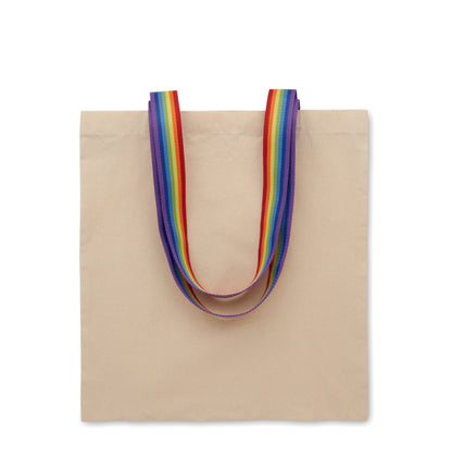 Einkaufstasche aus Baumwolle 180 g/m². Tragegriffe in Regenbogenfarben. Max. Traglast: 2 5