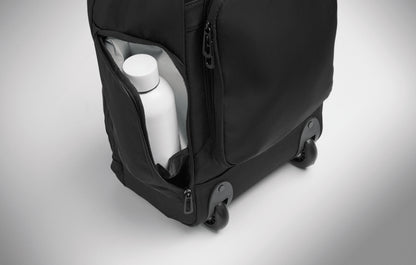 Rucksack-Trolley aus 290T RPET-Polyester. Drei Front- und eine rückseitige Reißverschlusstasche gepolstertes 15''-Laptopfach
