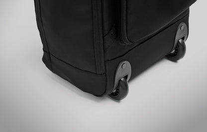 Rucksack-Trolley aus 290T RPET-Polyester. Drei Front- und eine rückseitige Reißverschlusstasche gepolstertes 15''-Laptopfach