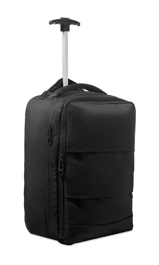 Rucksack-Trolley aus 290T RPET-Polyester. Drei Front- und eine rückseitige Reißverschlusstasche gepolstertes 15''-Laptopfach