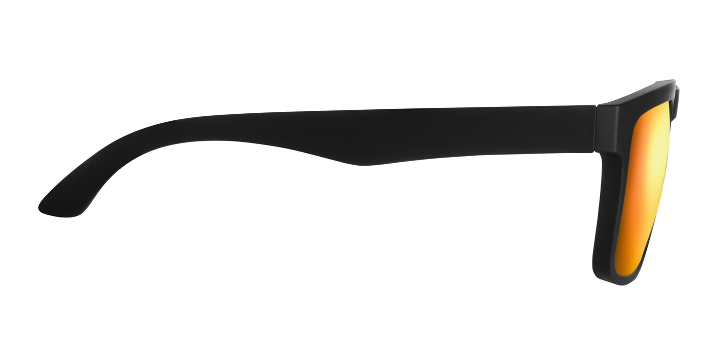 Festival-Sonnenbrille mit verspiegelten Gläsern und mattem gummiertem Rahmen. UV400-Schutz.